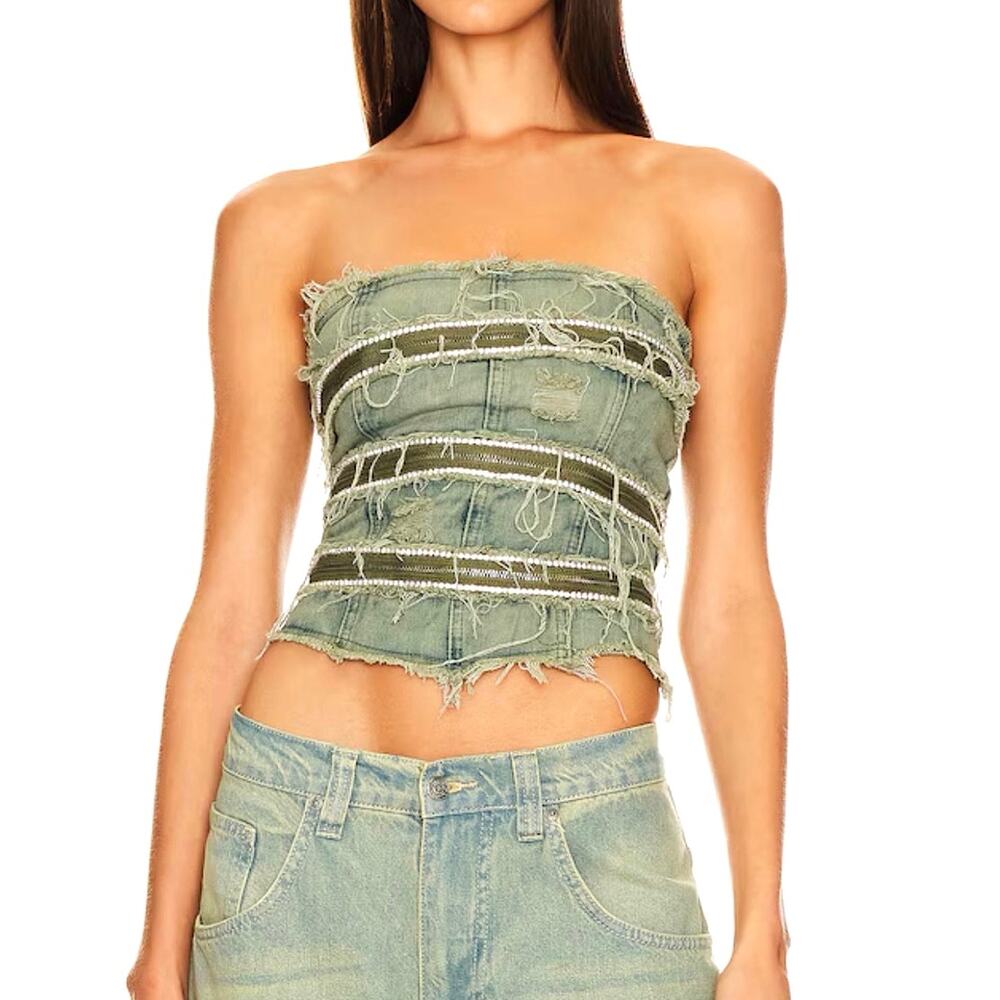 Jaded London Green Distressed Denim Strapless Crop Top